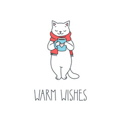 Warm Wishes. Illustration of a cute cat holding a mag in his paws isolated on a white background. Vector 10 EPS.