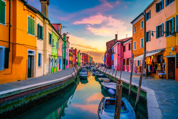 Colorful Burano island at sunset 