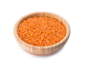Bowl of red lentils on white background