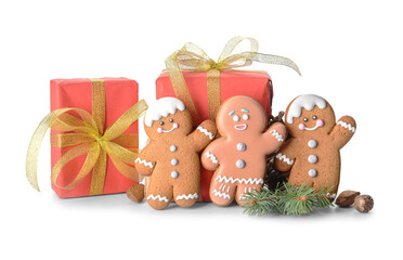 Christmas composition with gingerbread cookies and gifts on white background