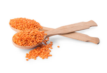 Spoons with red lentils on white background