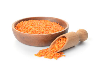 Red lentils on white background