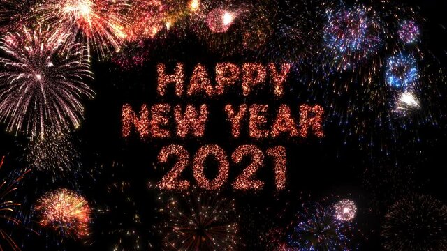 Happy New Year 2021 greeting text with colorful fireworks and sparks on black night sky. Loopable.