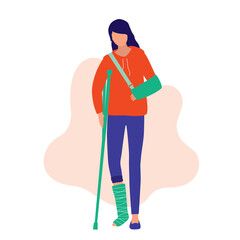 Woman Physical Injury. Medical & Accident Concept. Young woman with broken arm and leg. Vector Flat Cartoon Illustration.   