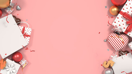 3D rendering of red white pattern of gift box with red ribbon and white shopping bag and chocolate heart and red gold silver ball and dollar symbol in pink bg from top view