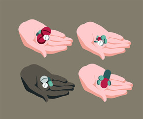 vector set of palm with pills or drugs