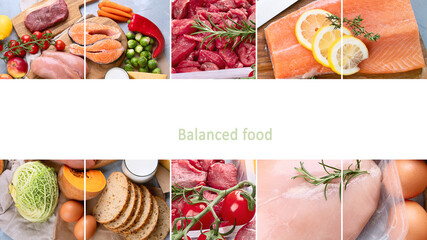 Balanced food concept. Healthy diet. Collage of Natural food.