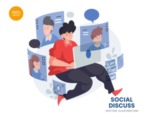 Discuss of social vector Illustration idea concept for landing page template, talking bubble persons concept. Online Expressing thoughts verbal. dialog communication abstract ide. Flat Styles