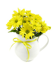 Yellow chrysantumum flowers in a white jar with ribbon bow isolated on white