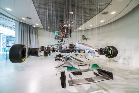 Weybridge,UK-April 4, 2019: AMG Petronas Formula 1 bolid on display at Mercedes Benz World museum in Wey
