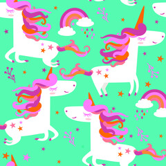 Seamless pattern with unicorns, clouds and rainbow, vector illustration