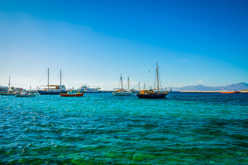 Boats at the Mykonos harbor, Cyclades, Greece