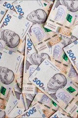 Flat lay Ukrainian paper money bills of hryvnias financial background. Savings or expence concept