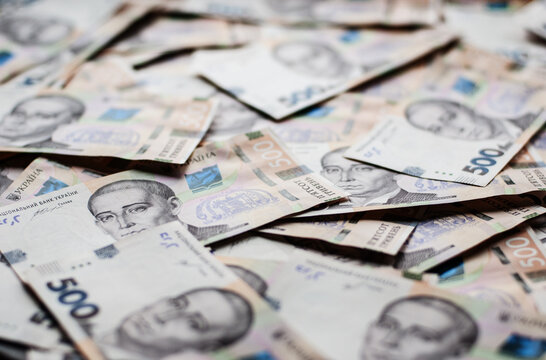 Ukrainian paper money bills of hryvnias financial background. Savings or expence concept