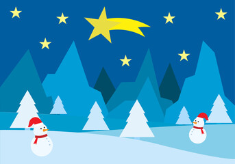 Paisaje nevado y navideño con muñecos de nieve.