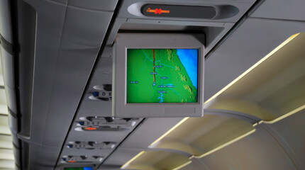 Screen with airplane's on board radar displaying the course from Cairo to Abu Simbel. Egypt