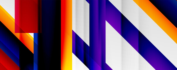 Geometric abstract backgrounds with shadow lines, modern forms, rectangles, squares and fluid gradients. Bright colorful stripes cool backdrops