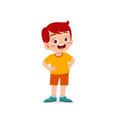 cute little kid boy stand smile with arm on hip pose expression
