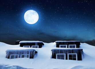 Window with icicles and snow cover on the roof in the night sky with moon. Winter season. - obrazy, fototapety, plakaty