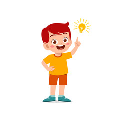 cute little kid boy show idea pose expression with light bulb sign