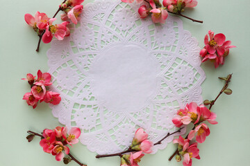 mockup greeting card. frame from flowering branches, envelope and space for text. congratulation. invitation