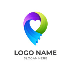 love location logo, love and pin, combination logo with 3d colorful style