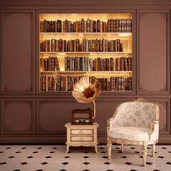 Classic interior.Chair,gramophone with bookshelf.3d rendering