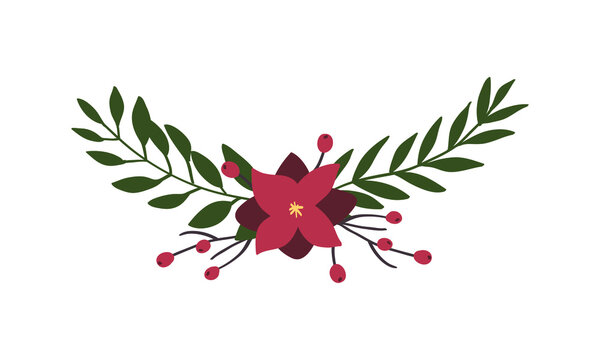 Pine leaves and flowers are hand drawn into wreaths in an isolated background. Vector elements for christmas design decorations