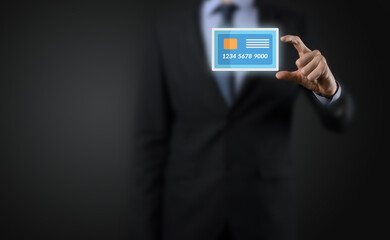 Business man in suit hand holding blank credit card icon showing for concept banking and finance service