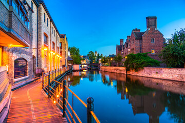Cambridge city water canal at dusk. England 