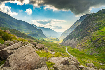 Green valley in Snowdonia National Park. North Wales. UK