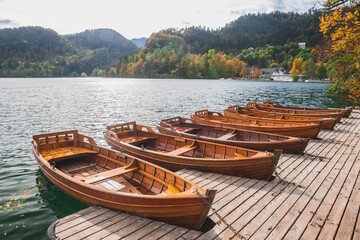 Wooden moored boats on Lake Bled in Slovenia