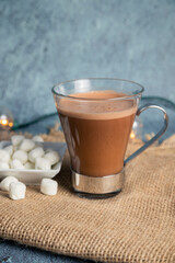 Chocolate mug with gingerbread cookie and marshmallows with Christmas lights - Christmas eve - Christmas content - Christmas traditions