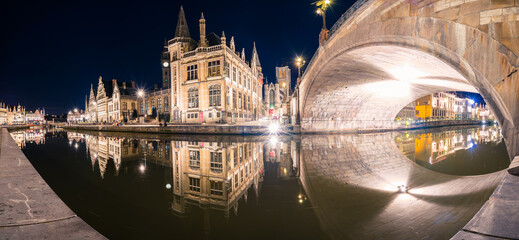 Fototapeta na wymiar Evening panorama of Graslei, Korenlei quays and Leie river in the historic city center in Ghent (Gent) in Belgium