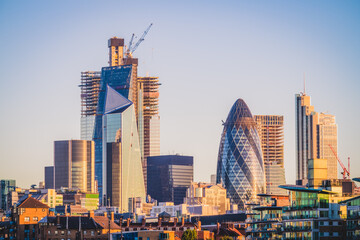 Skyscrapers of the world famous bank district of central London viewed from far distance