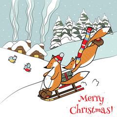 Merry Christmas card with foxes on the sledge and birds. In the background there are houses, forest and snow.