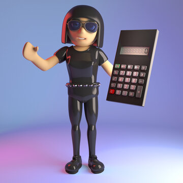 3d leather catsuit goth girl holding a calculator