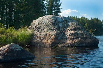 lake Grachevskoe a large rock water grass forest outdoor alloy travel wild nature of the island,...