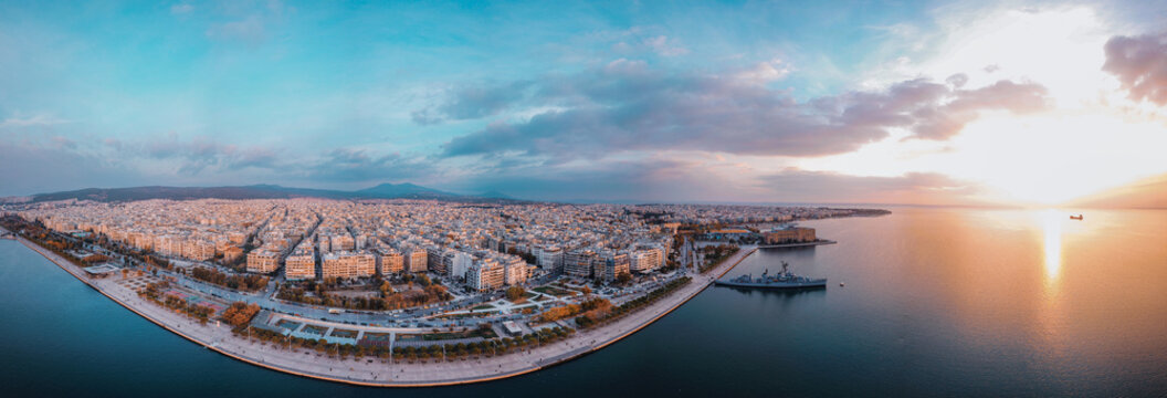 Thessaloniki drone panoramic view of the city and waterfront paralia, Greece