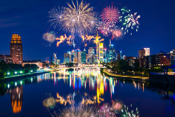 Frankfurt city skyline with fireworks in Germany 