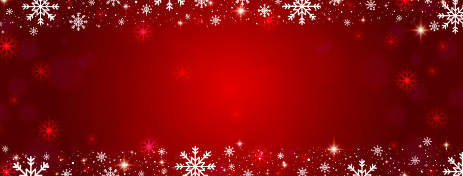 Christmas vector illustration with snowflakes and sparkles on red gradient background. Christmas  banner with empty space.