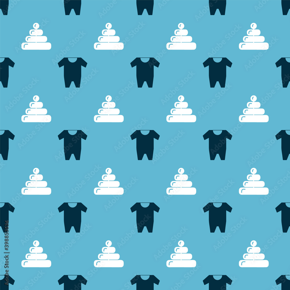 Wall mural Set Baby clothes and Pyramid toy on seamless pattern. Vector.