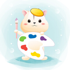 The character of a cute hamster with painting and drawing.