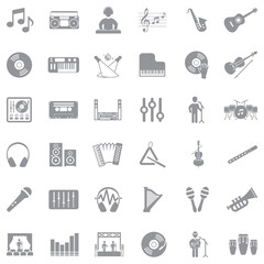Music Icons. Gray Flat Design. Vector Illustration.