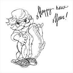 Happy New Year. New Year's lettering. Christmas. Santa Claus in house slippers. Cheerful, funny. Graphic black insulated drawing, handmade. Not colored. Isolated image. On white background