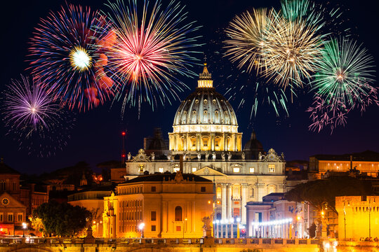 Fireworks display near St peter's basilica in Rome,Vatican - Powered by Adobe