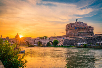 Saint Angelo castle an Tiber River at sunset in Rome, Italy