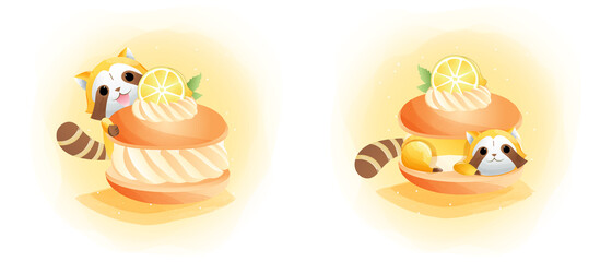 Cute raccoon and lemon cake watercolor art style. for baby card.