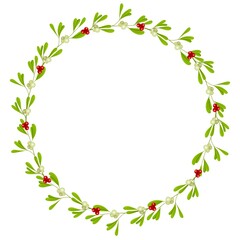3D Rendering. Christmas frame from green plants. Red berries and white mistletoe leaves and berries wreath. Digital realistic illustration. Hand drawn digital round frame.