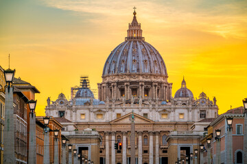 Fototapeta na wymiar St Peter's basilica in Rome,Vatican, the dome at sunset